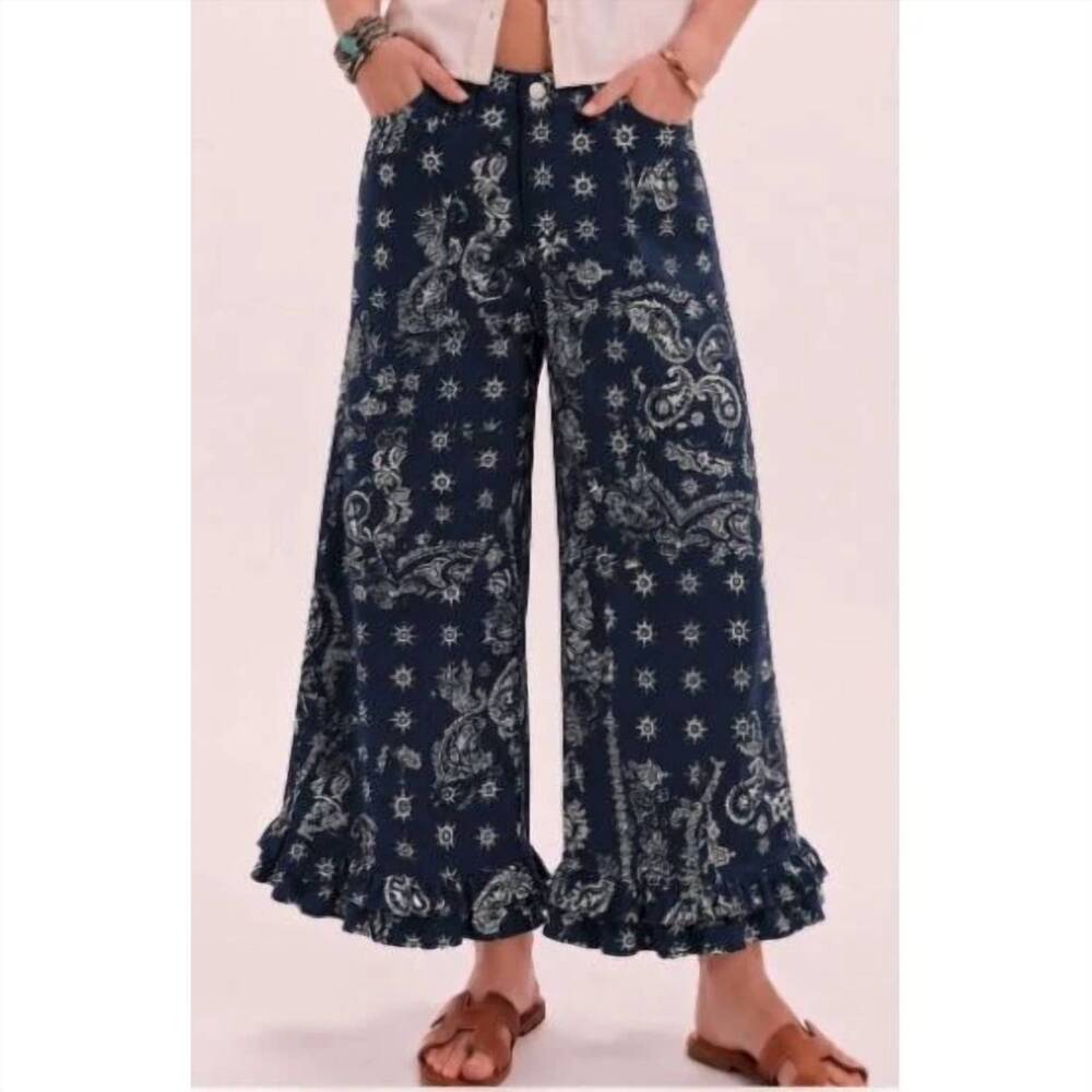 NEW LOVLOV paisley ruffle hem wide leg pants in navy